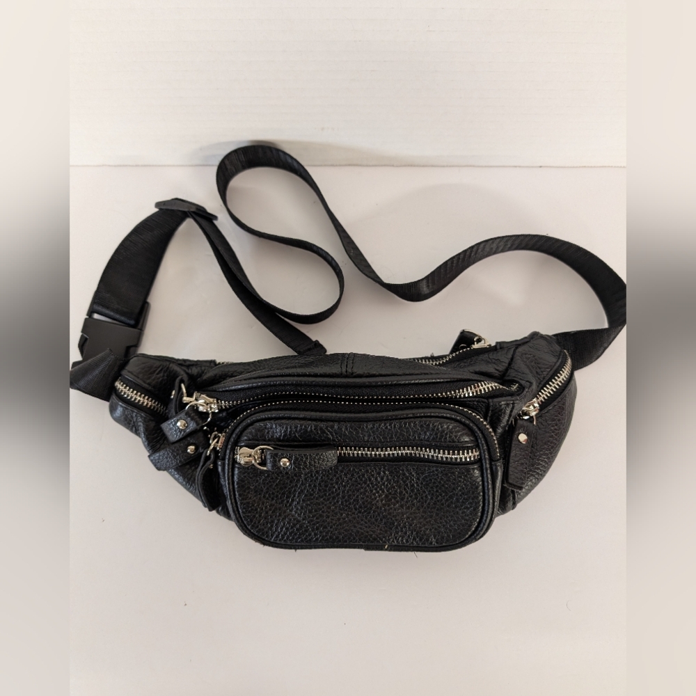Leather Black Fanny Bag   Unisex Crossbody Bag With Inside Hidden Key Hook